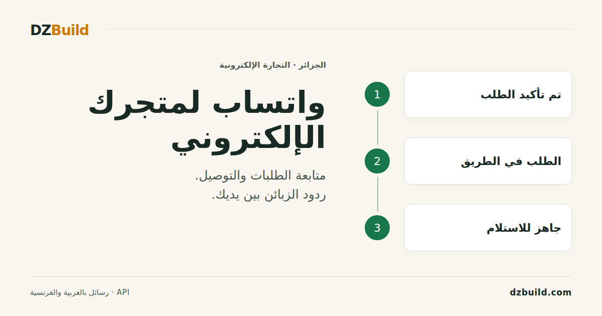 رسائل واتساب من DZBuild تتابع تأكيد الطلب والتوصيل والاستلام للزبائن في الجزائر.