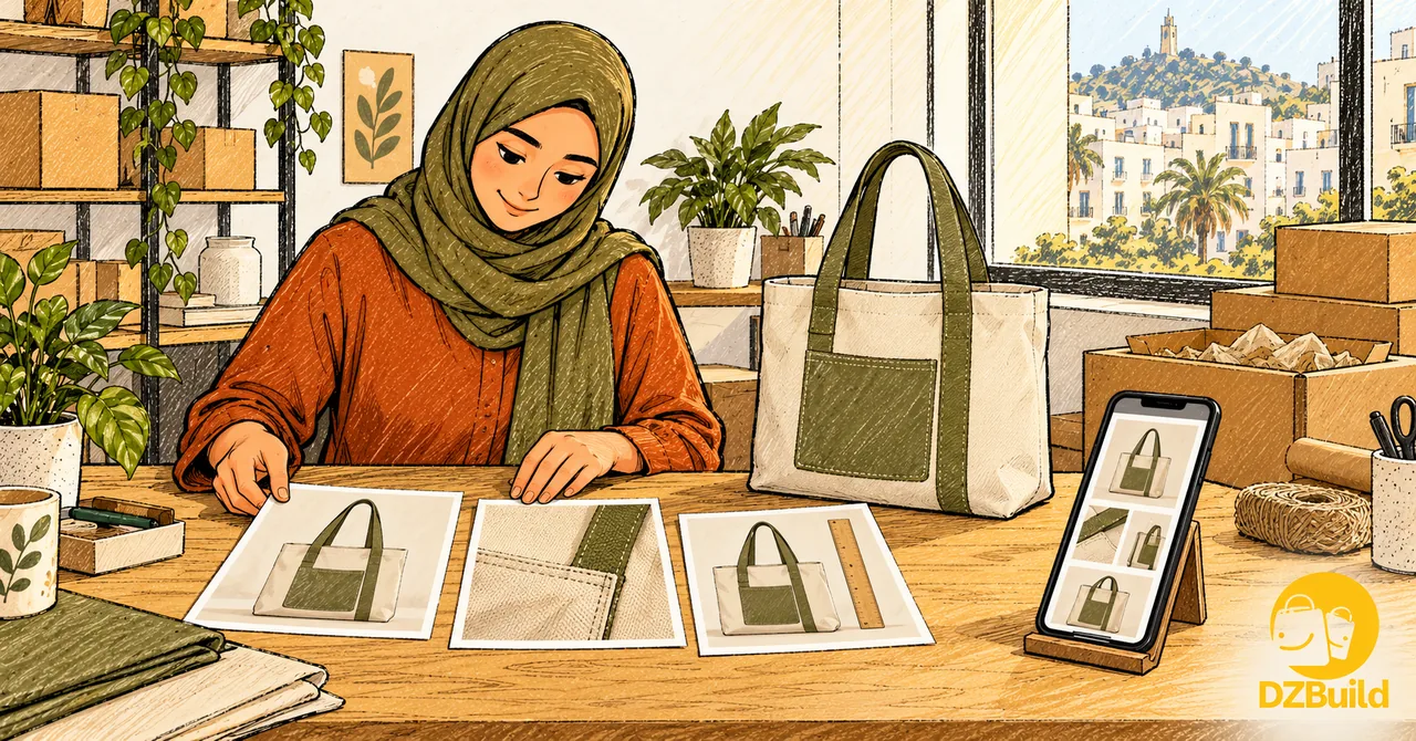رسم توضيحي لتاجرة ترتّب صورة كاملة لحقيبة وتفصيلًا للخياطة وصورة توضّح الحجم بجانب معرض صور منتج على هاتف