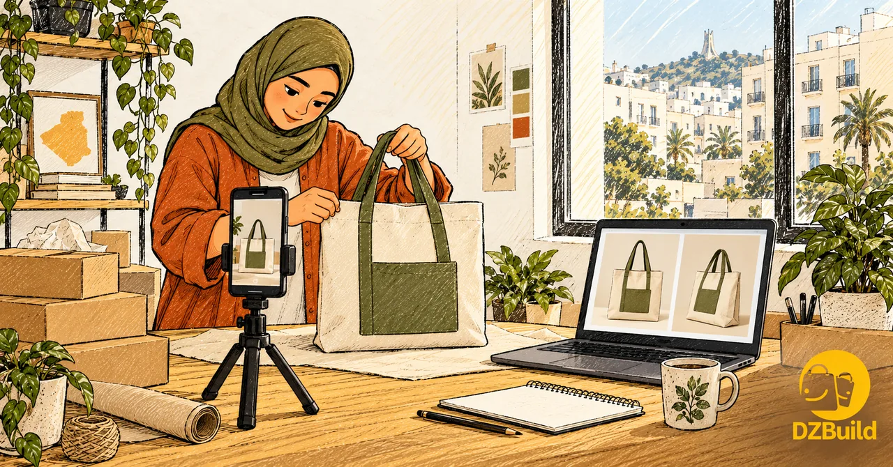 Illustration of an Algerian merchant comparing a canvas tote with its photos on a phone and laptop