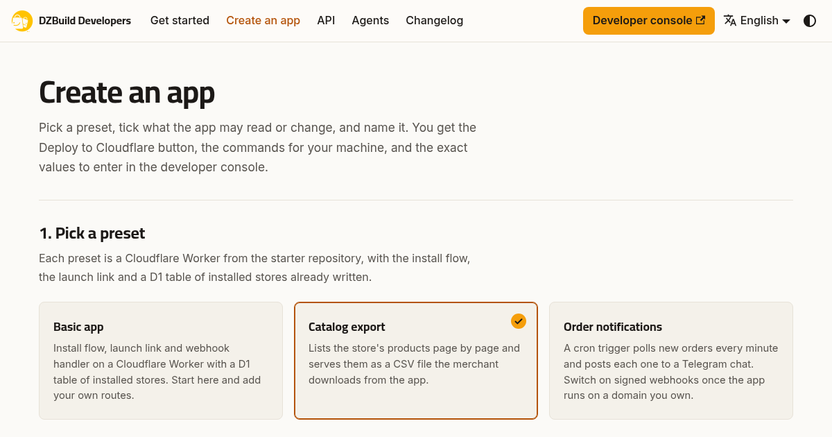 The public DZBuild developer portal shows its three official app starters and the original DZBuild logo.