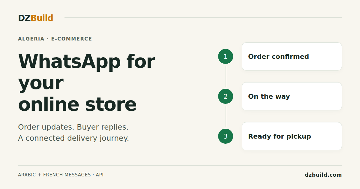 DZBuild connects order confirmation, shipping and pickup updates with WhatsApp messages for Algerian buyers.