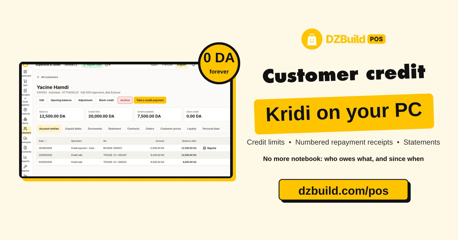 DZBuild POS customer account with a balance of 12,500 DA, a credit limit of 20,000 DA, credit sales and a numbered repayment