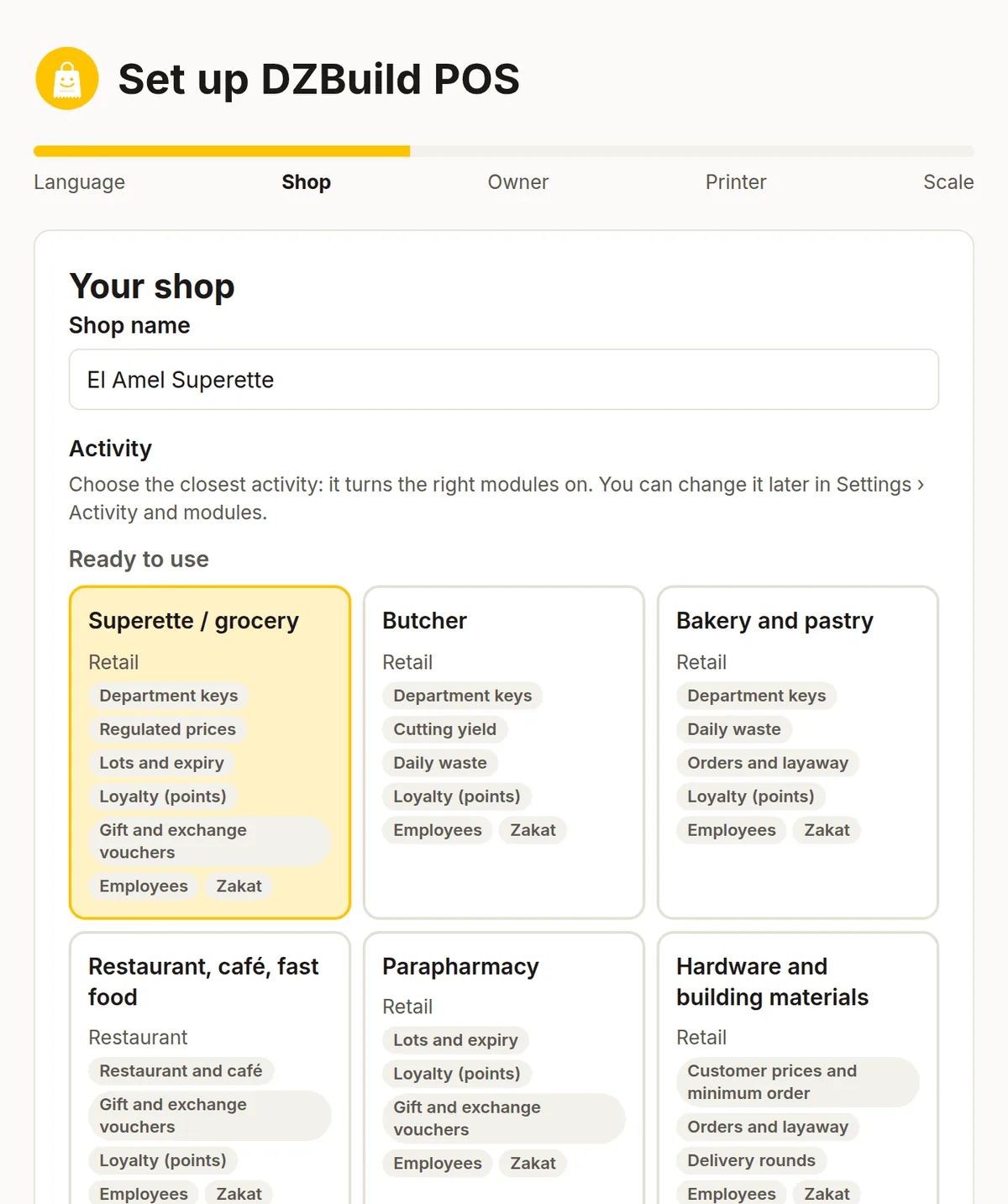 The 25 activity templates of DZBuild POS in the setup wizard, ready to use and growing soon