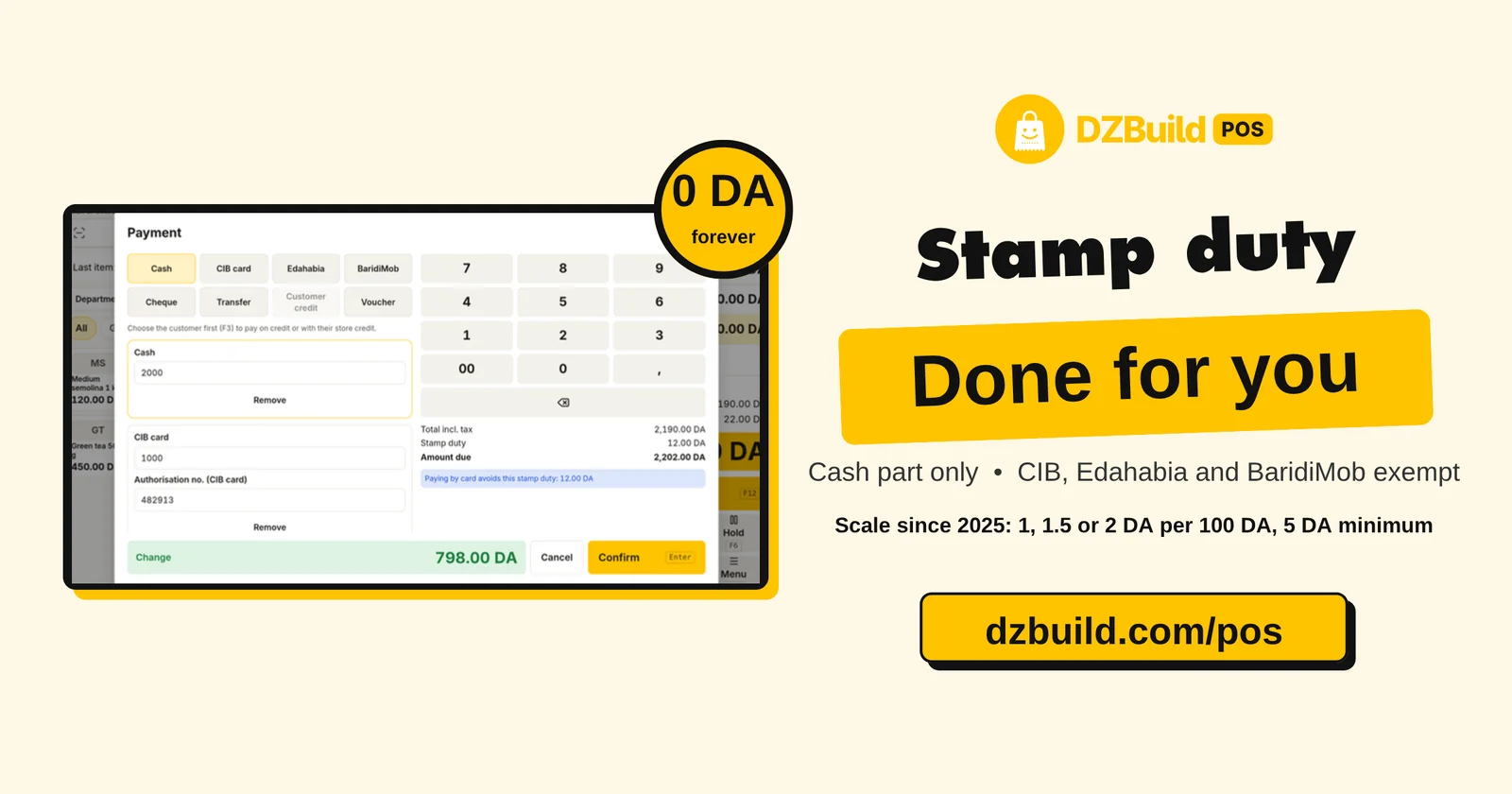 Stamp duty done for you in DZBuild POS: charged on the cash part only, with CIB, Edahabia and BaridiMob exempt