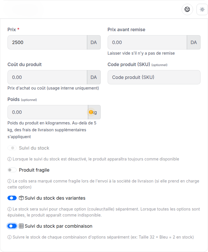 Variant and combination stock enabled in the product editor