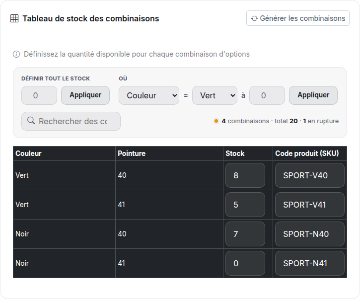 Four combinations with quantities 8, 5, 7 and 0, for a total of 20 pairs