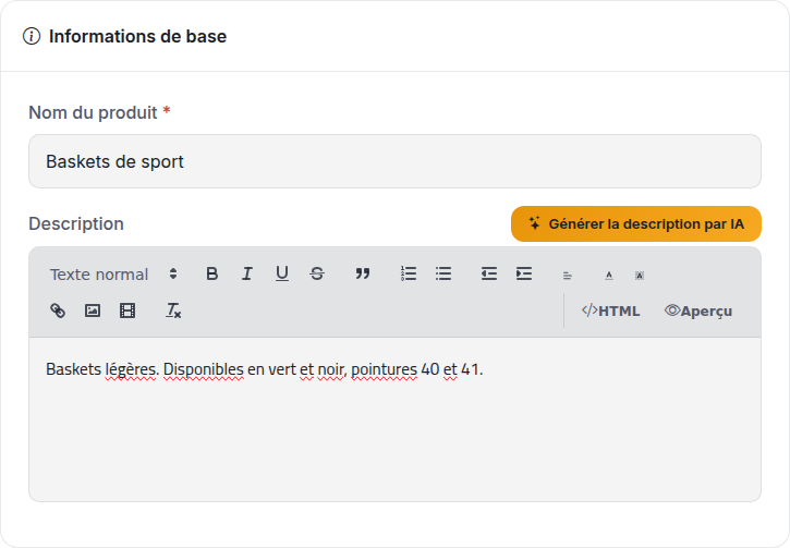 Product name and short description entered in the dashboard