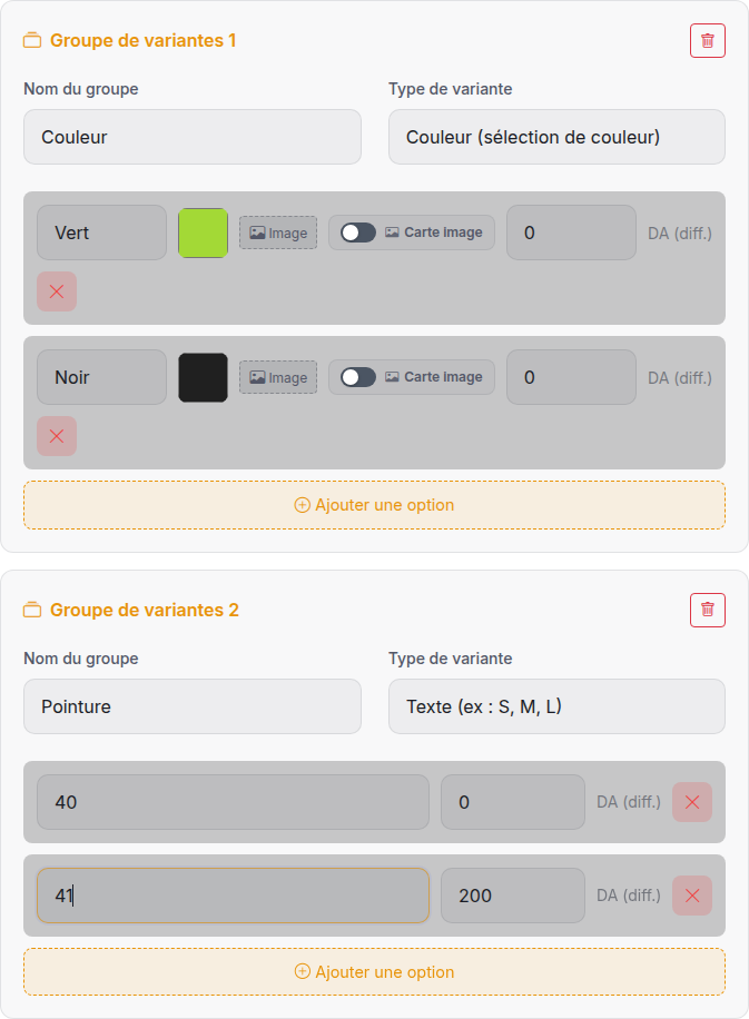 Two real variant groups, Colour and Size, with two options each
