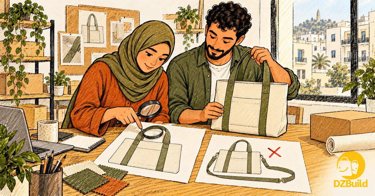 Illustration of merchants checking tote handles and stitching against a photo while rejecting a print with an added strap