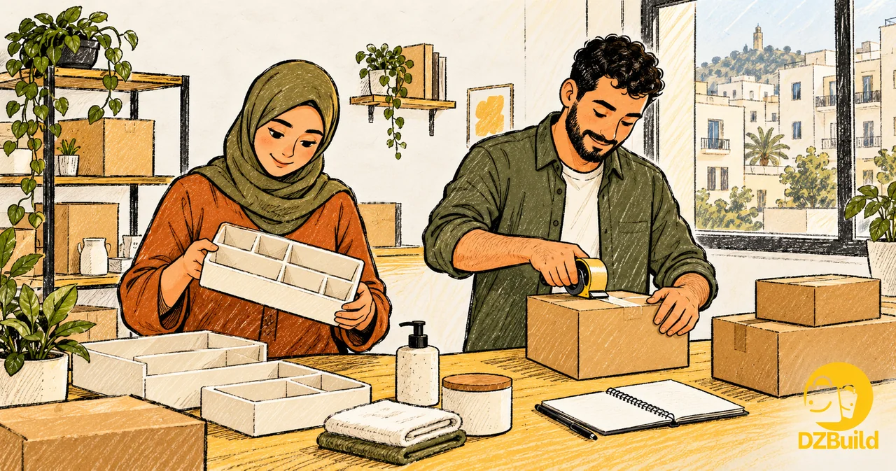 Illustration of a seller checking a drawer organiser while another seals a parcel
