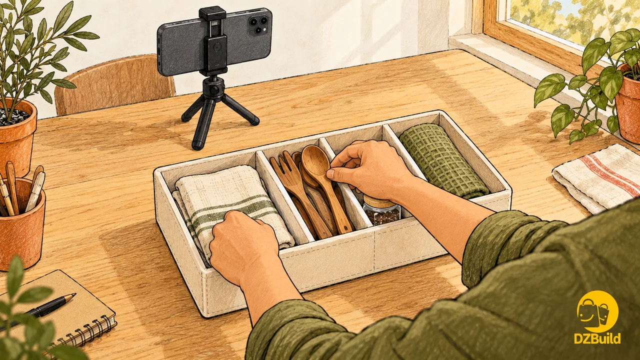 Illustration of a phone on a tripod facing a drawer-organiser demonstration