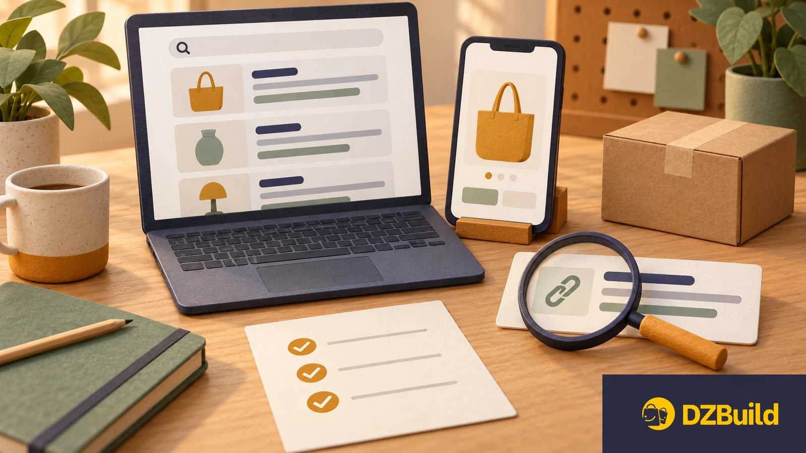 Editorial illustration of a product page on a phone and search results on a laptop beside a checklist