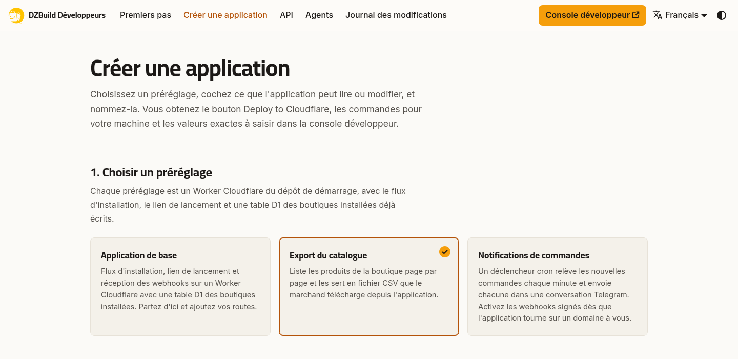 Le portail public DZBuild Développeurs présente ses trois applications de démarrage officielles et le logo original de DZBuild.