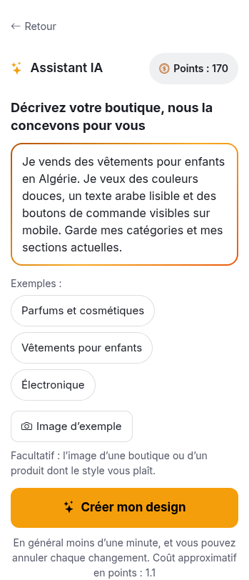 Panneau Assistant IA avec un exemple de demande avant son envoi