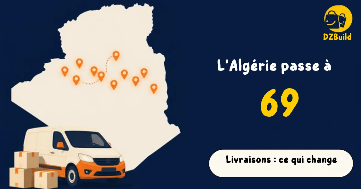 Les 69 wilayas d'Algérie : une carte de l'Algérie avec onze repères et une camionnette de livraison, à côté des mots ce qui change pour les livraisons