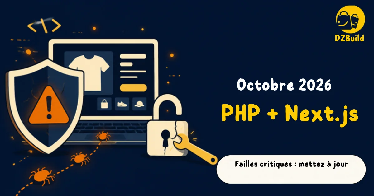 Failles PHP et Next.js d'octobre 2026 : un ordinateur portable affiche une boutique en ligne derrière un bouclier d'alerte, avec un cadenas en réparation