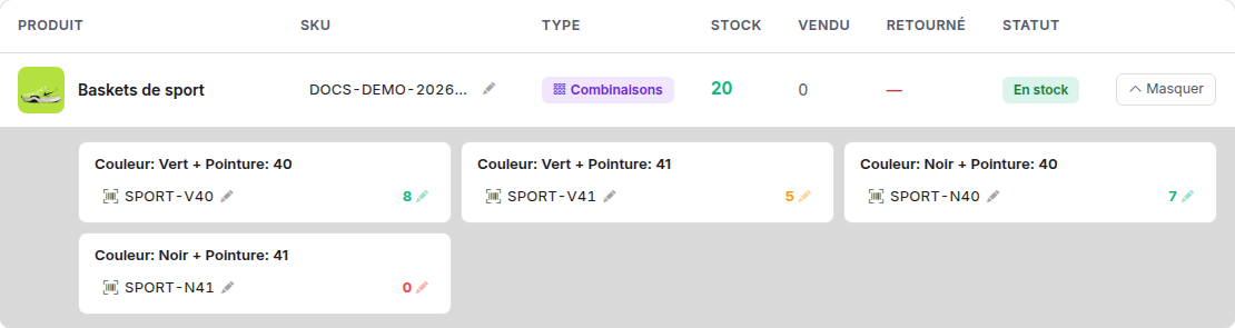 Produit de démonstration enregistré avec ses quatre combinaisons et leur stock