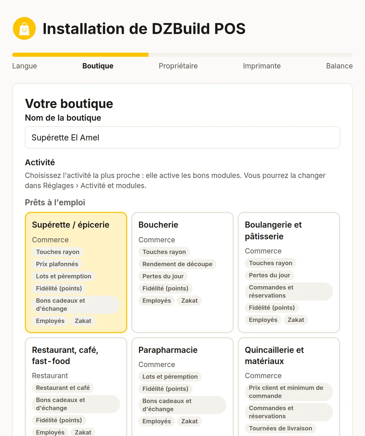 Les 25 modèles d'activité de DZBuild POS dans l'assistant d'installation, prêts à l'emploi ou bientôt enrichis