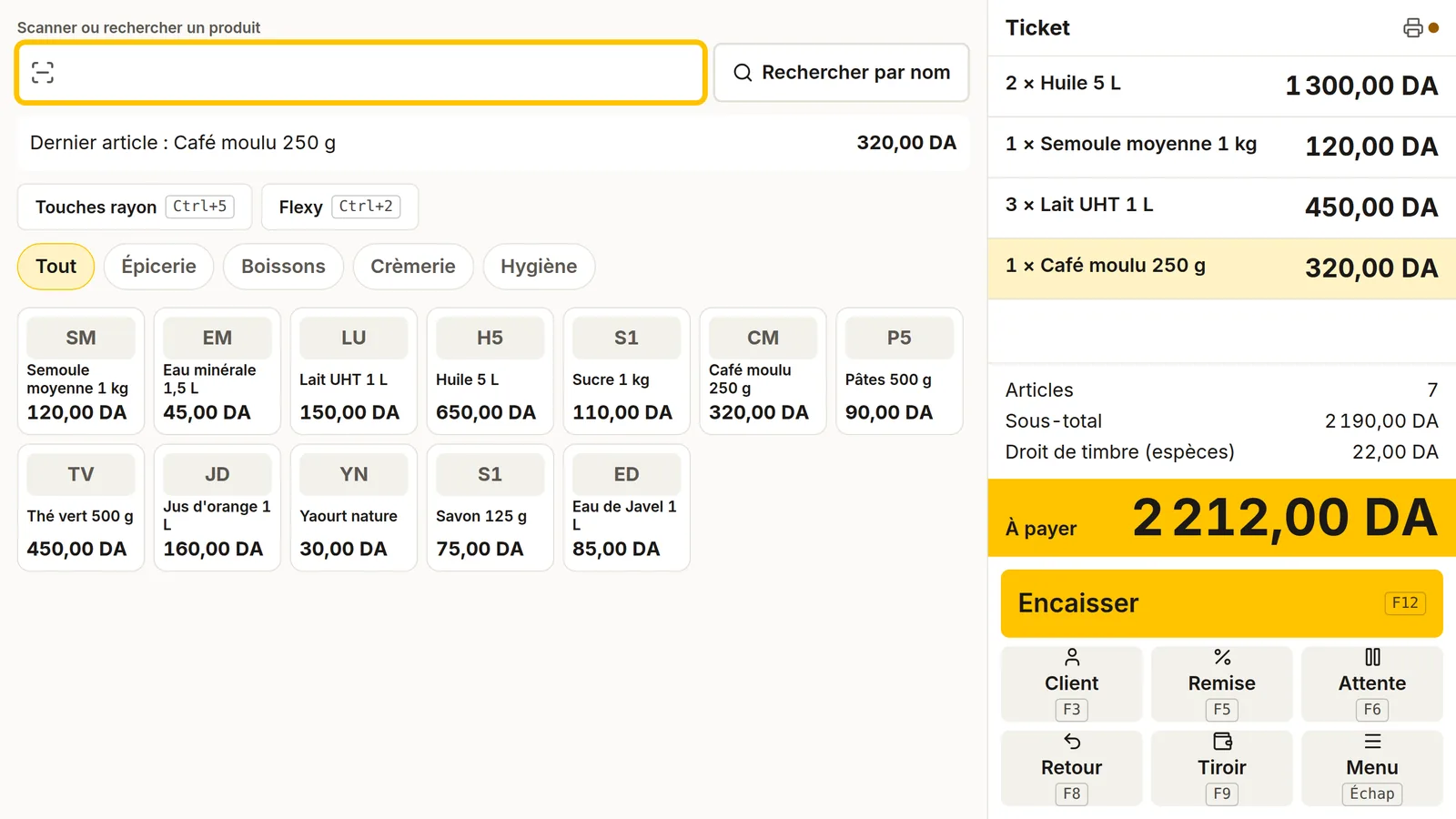 Écran de vente de DZBuild POS en français avec quatre lignes sur le ticket, une ligne de droit de timbre pour les espèces et le montant à payer