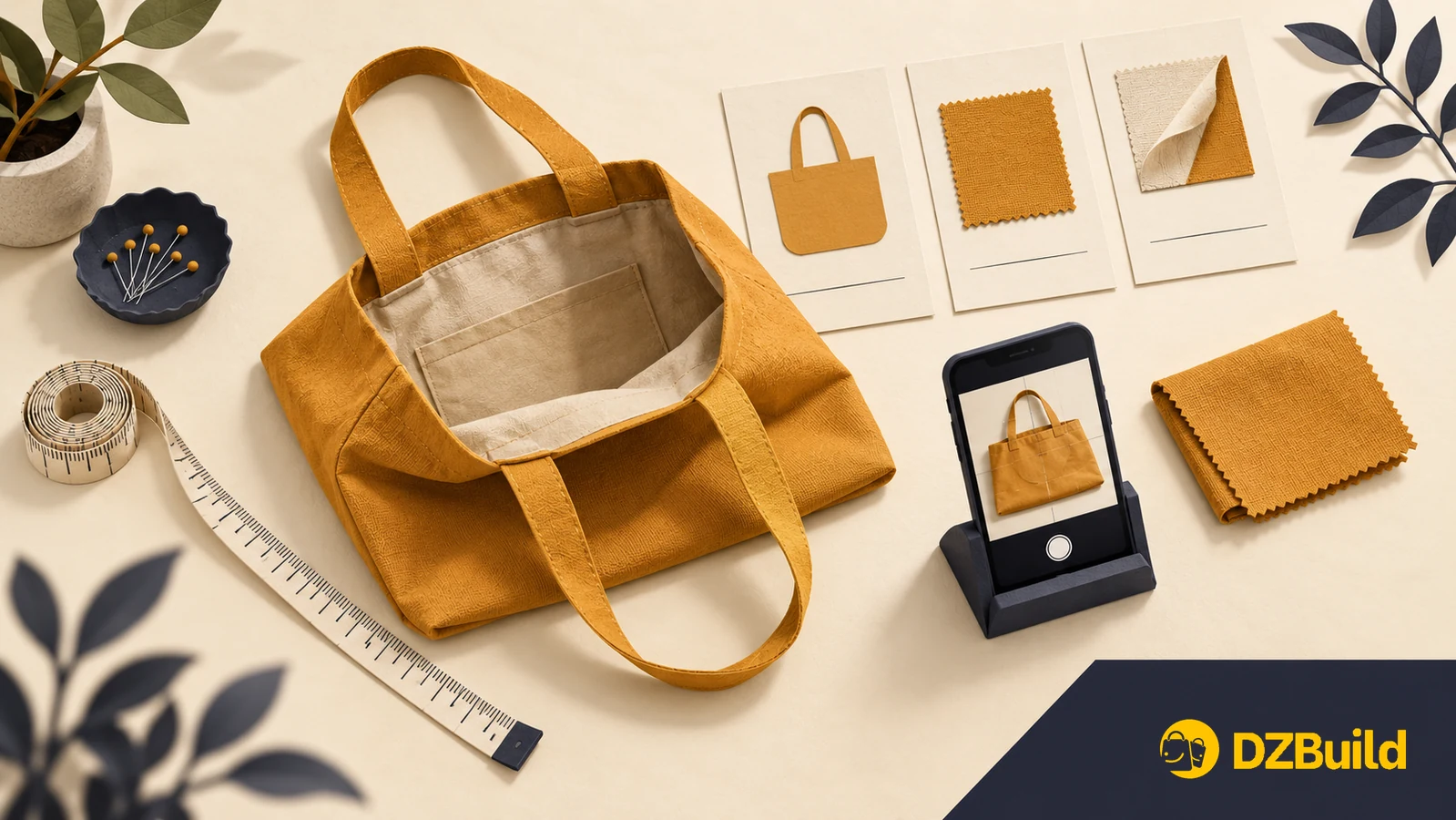 Illustration d'un sac en toile mesuré et photographié à côté d'échantillons de tissu